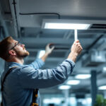 A photograph of a lighting contractor installing 2x4 drop ceiling led lights in a modern office space
