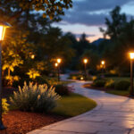 A photograph of a beautifully landscaped outdoor space illuminated by large solar post lights during twilight
