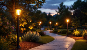 A photograph of a beautifully landscaped outdoor space illuminated by large solar post lights during twilight