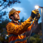 A photograph of a lighting contractor installing commercial led pole lights in an outdoor setting