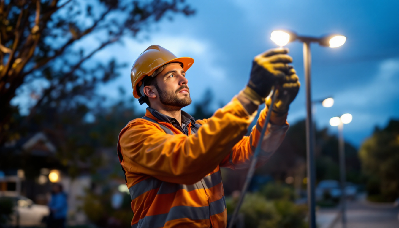 A photograph of a lighting contractor installing commercial led pole lights in an outdoor setting