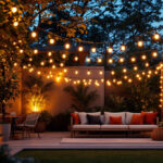 A photograph of a beautifully illuminated outdoor space featuring commercial outdoor string lights draped across a patio or garden