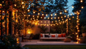 A photograph of a beautifully illuminated outdoor space featuring commercial outdoor string lights draped across a patio or garden