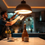 A photograph of a lighting contractor skillfully installing an 8 led light fixture in a modern home setting