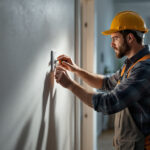 A photograph of a lighting contractor installing or inspecting light and plug switches in a well-lit
