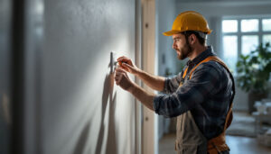 A photograph of a lighting contractor installing or inspecting light and plug switches in a well-lit