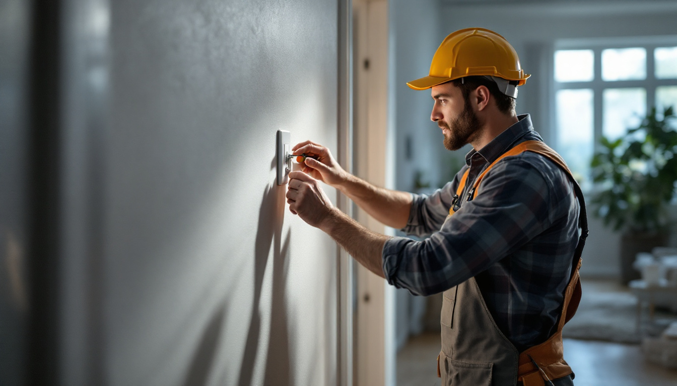 A photograph of a lighting contractor installing or inspecting light and plug switches in a well-lit