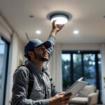 A photograph of a lighting contractor installing a 6-inch led recessed lighting retrofit conversion kit in a modern home setting