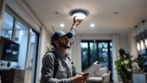 A photograph of a lighting contractor installing a 6-inch led recessed lighting retrofit conversion kit in a modern home setting