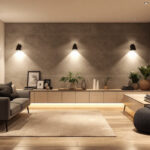 A photograph of a beautifully designed basement space featuring a variety of modern lighting fixtures