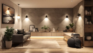 A photograph of a beautifully designed basement space featuring a variety of modern lighting fixtures