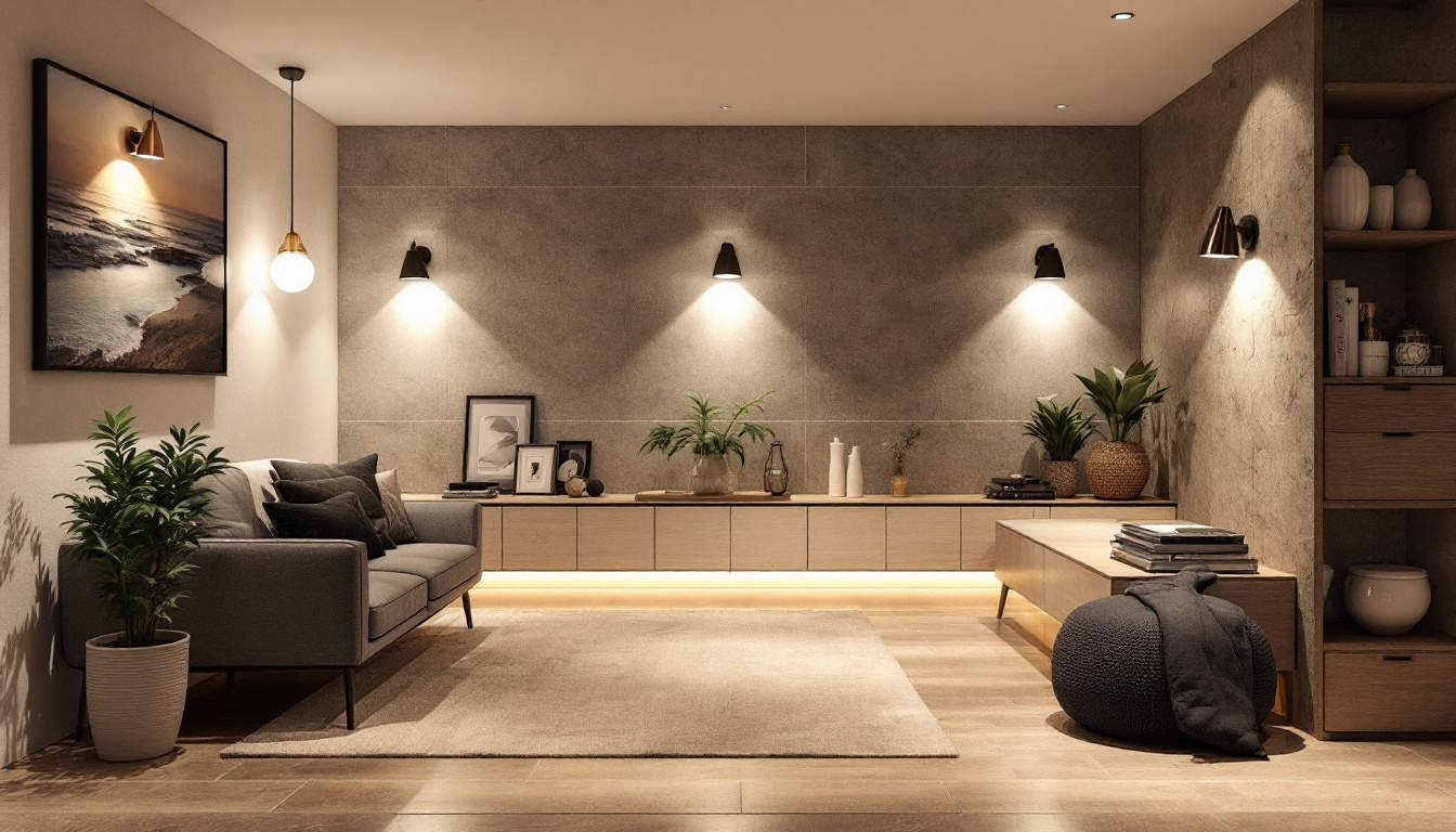 A photograph of a beautifully designed basement space featuring a variety of modern lighting fixtures