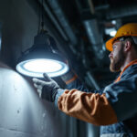 A photograph of a lighting contractor installing an explosion-proof light fixture in an industrial setting