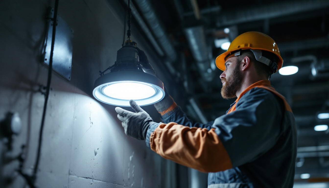 A photograph of a lighting contractor installing an explosion-proof light fixture in an industrial setting