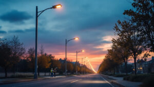 A photograph of a well-lit street scene featuring modern street lighting poles
