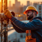 A photograph of a lighting contractor expertly installing or adjusting construction site lighting