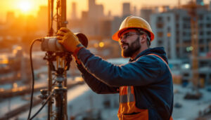 A photograph of a lighting contractor expertly installing or adjusting construction site lighting