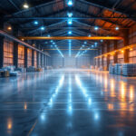 A photograph of a modern warehouse interior showcasing bright