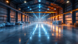 A photograph of a modern warehouse interior showcasing bright