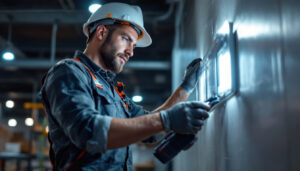 A photograph of a skilled lighting contractor replacing an led ballast in a commercial setting
