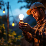 A photograph of a lighting contractor installing a solar power light bulb in an outdoor setting