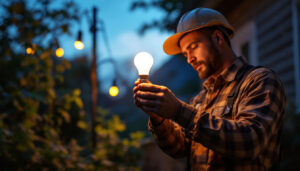 A photograph of a lighting contractor installing a solar power light bulb in an outdoor setting
