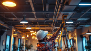 A photograph of a well-lit drop ceiling installation in a commercial space