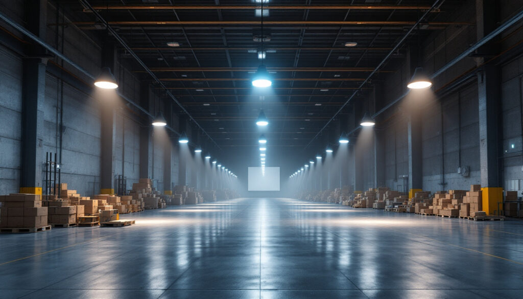 A photograph of a well-lit warehouse interior showcasing various modern lighting fixtures in action