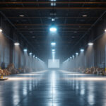 A photograph of a well-lit warehouse interior showcasing various modern lighting fixtures in action