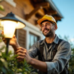 A photograph of a skilled lighting contractor installing or demonstrating solar power lamps in a vibrant outdoor setting