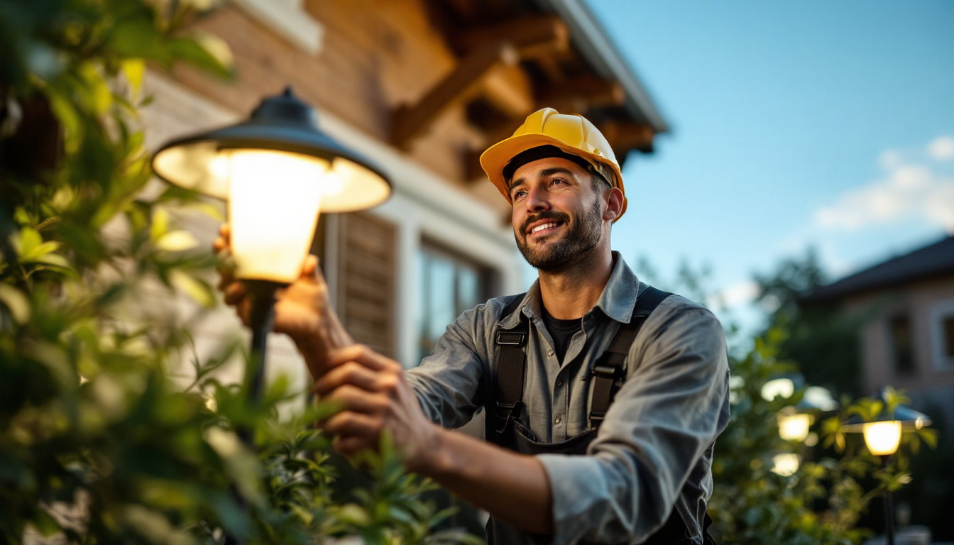 A photograph of a skilled lighting contractor installing or demonstrating solar power lamps in a vibrant outdoor setting