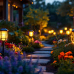 A photograph of a beautifully illuminated garden at dusk
