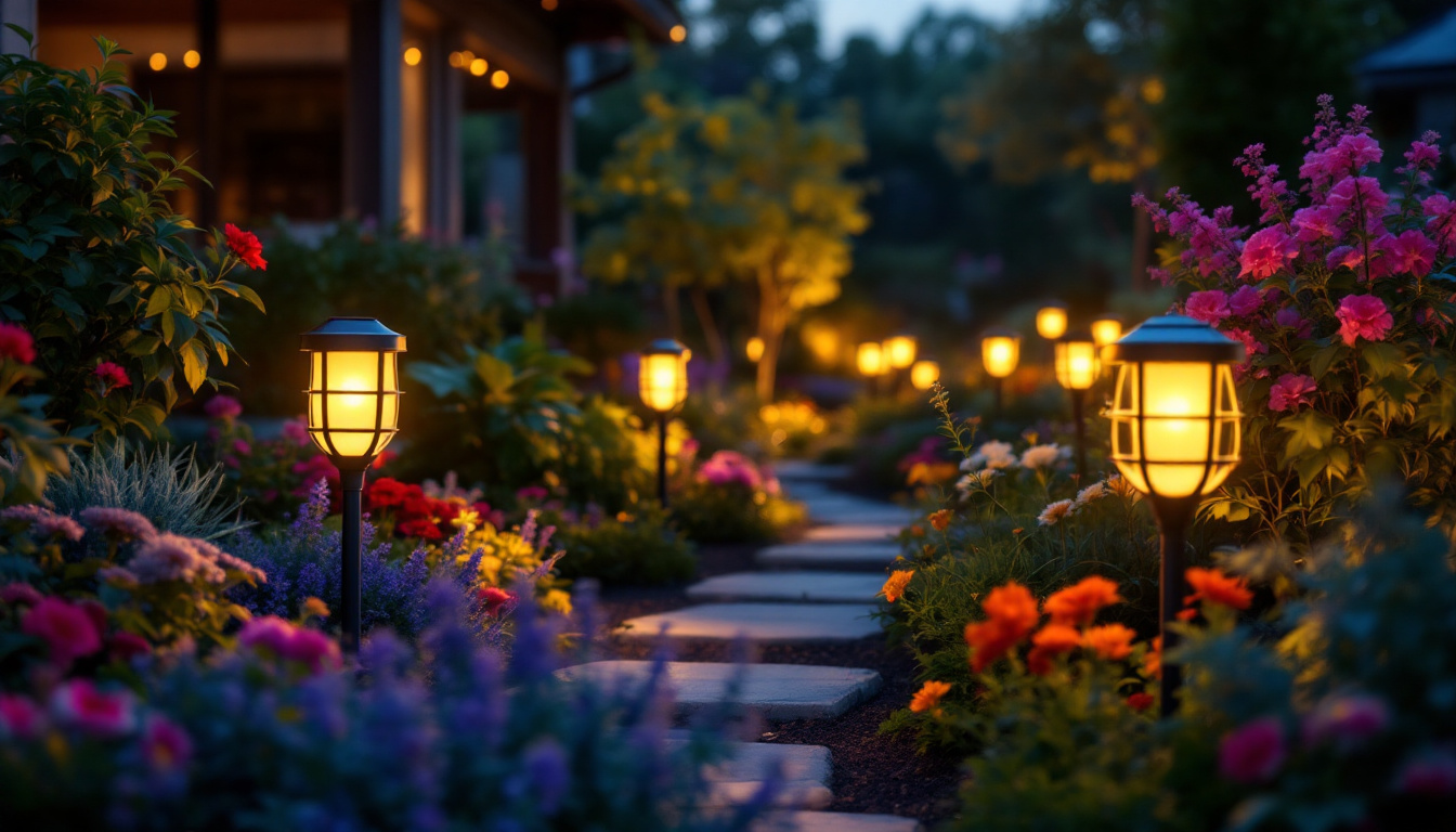 A photograph of a beautifully illuminated garden at dusk