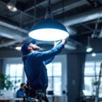 A photograph of capture a photograph of a lighting contractor installing an 8-foot light fixture in a commercial setting