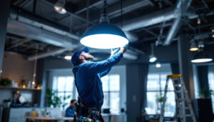 A photograph of capture a photograph of a lighting contractor installing an 8-foot light fixture in a commercial setting