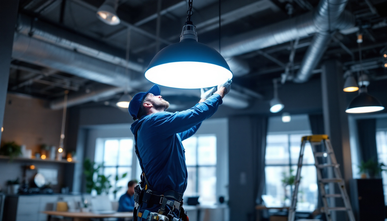A photograph of capture a photograph of a lighting contractor installing an 8-foot light fixture in a commercial setting