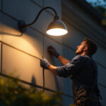 A photograph of a lighting contractor expertly installing a goose neck light on a building facade