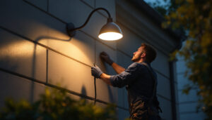 A photograph of a lighting contractor expertly installing a goose neck light on a building facade