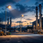 A photograph of an industrial outdoor lighting setup at dusk