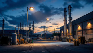 A photograph of an industrial outdoor lighting setup at dusk