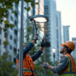 A photograph of a lighting contractor expertly installing a modern light pole in an urban setting