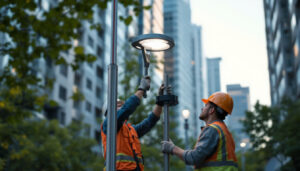 A photograph of a lighting contractor expertly installing a modern light pole in an urban setting