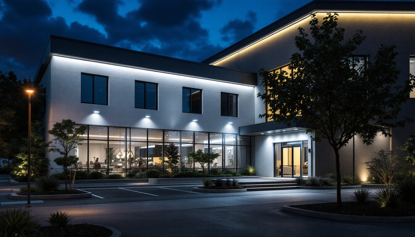 A photograph of a commercial outdoor setting showcasing a well-lit building exterior illuminated by various styles of led wall pack lights