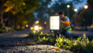 A photograph of a lighting contractor installing or adjusting a ground flood light in an outdoor setting