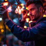 A photograph of a professional lighting contractor skillfully installing or showcasing vibrant commercial light strands in a dynamic outdoor setting