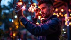 A photograph of a professional lighting contractor skillfully installing or showcasing vibrant commercial light strands in a dynamic outdoor setting