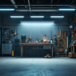 A photograph of a well-lit workshop or garage space showcasing an 8-foot shop light in use