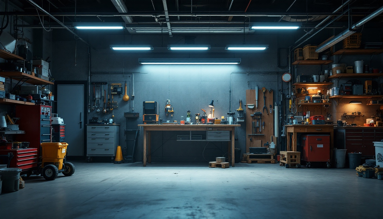 A photograph of a well-lit workshop or garage space showcasing an 8-foot shop light in use