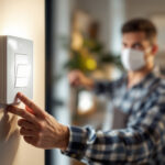 A photograph of a skilled electrician installing a motion detector switch in a modern home setting