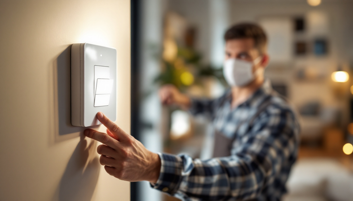 A photograph of a skilled electrician installing a motion detector switch in a modern home setting